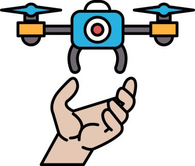 Bir el İHA 'yı tutuyor. İHA mavi ve sarıdır. El, insansız hava aracını kaldırılıyormuş gibi bir şekilde tutuyor. Heyecan ve macera kavramı