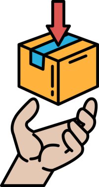 Bir el kırmızı bir okun işaret ettiği bir kutuyu tutuyor. Kutu turuncu ve o bir hediye. Verme ve alma kavramı, el başka biri için kutuyu tutarken