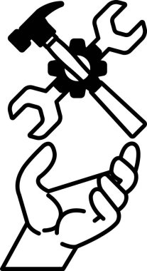 Çekiç ve cetvel tutan bir el.