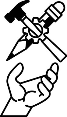 Ortasında vites olan kalem ve çekiç tutan bir el.