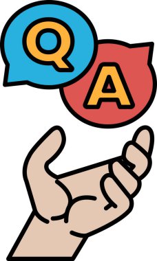 Bir el soru sorma ve cevaplama eylemini sembolize eden bir soru-cevap işareti tutuyor. El, Q işareti ve A işaretinin üzerinde, iletişimin önemini vurguluyor.