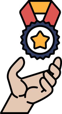 Bir el bir madalya ve bir yıldız tutuyor. Başarı ve takdir kavramı, el, başarı ve başarının bir sembolünü tutarken