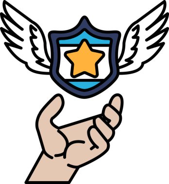 Üzerinde yıldız olan bir kalkanı tutan bir el. Kalkan mavi ve yıldız sarı.