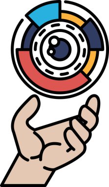 Kırmızı, mavi, sarı ve yeşil bir daireyi tutan bir el. Çember bir pasta grafiğinin gösterimidir.