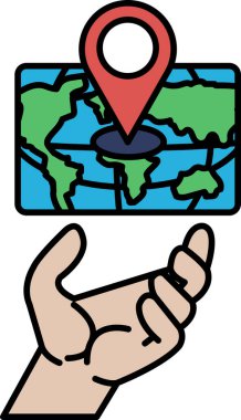 Bir el üzerinde kırmızı bir nokta olan bir dünya haritasını tutuyor. Harita bir çizgi film tarzında çizilmiş