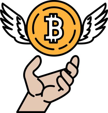 Üzerinde B harfi olan bir madeni parayı tutan bir el. El kanatlarla uzanıyor.