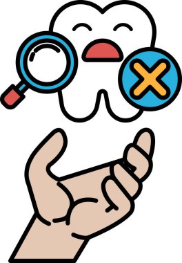 Üzerinde büyüteç olan bir diş fırçası karikatürü. Diş fırçasının bir dişi eksik.