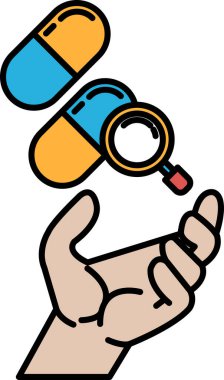 Hap ve büyüteç tutan bir el. Hap mavi ve büyüteç de turuncu.