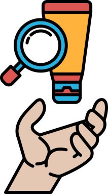 Üzerinde büyüteç olan losyon şişesini tutan bir el. Birinin cildine iyi bakması ve losyon kullanmasının önemi.