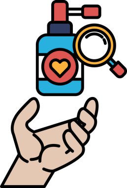 Üzerinde kalp olan bir şişeyi tutan bir el. Şişe büyüteçle etiketlenmiş.