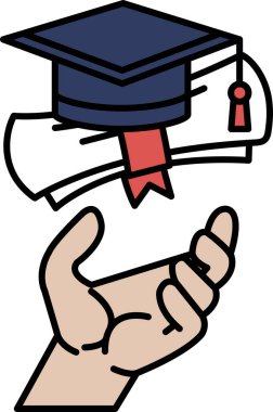 Mezuniyet şapkası ve diplomasını tutan bir el. Başarı ve başarı kavramı