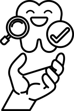 Gülen suratlı bir diş karikatürü ve onu tutan bir el.