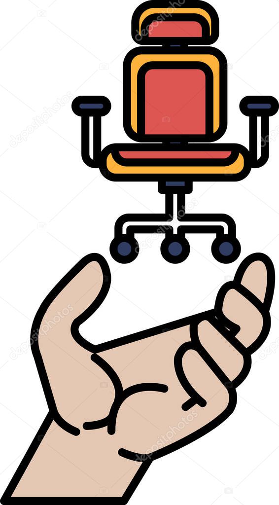 A hand holding a chair. The chair is red and orange. The hand is holding the chair in a way that it looks like it is about to fall