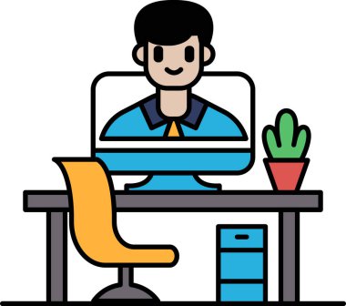 Bir adam bilgisayar monitörü ve saksı bitkisiyle masada oturuyor. Verimlilik ve odaklanma kavramı, büyük ihtimalle bir görev veya proje üzerinde çalışıyor.