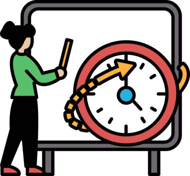 Bir kadın kırmızı ve beyaz bir saatin önünde duruyor. Saatin sağ tarafı gösteren mavi bir oku var. Kadın elinde kalem tutuyor ve birine bir şey öğretiyor ya da anlatıyor.