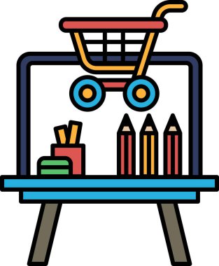 Üstünde sepet ve masanın üstünde kalem kılıfı olan renkli bir alışveriş arabası çizimi.