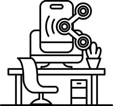 Monitörü, sandalyesi ve saksısı olan bir bilgisayar masası. Masa bir klavye, bir fare ve bir cep telefonu da dahil olmak üzere çeşitli eşyalarla dolu. Verimlilik ve organizasyon kavramı