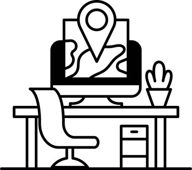 Üzerinde harita olan bir bilgisayar monitörü bir sandalye ve saksı bitkisi olan bir masanın üzerinde.