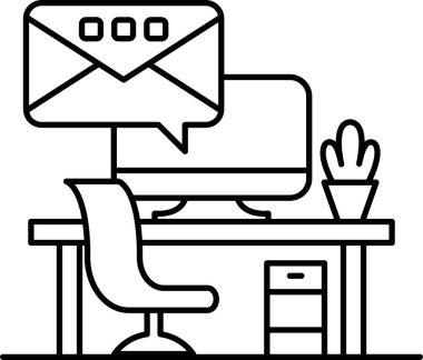 Sandalyesi, monitörü ve saksısı olan bir bilgisayar masası.