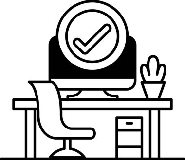 Üzerinde kontrol işareti olan bir bilgisayar monitörü sandalyeli bir masanın üzerinde oturuyor.