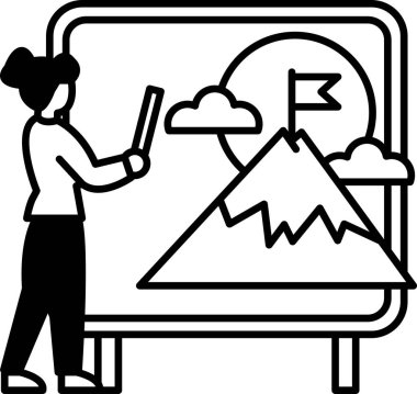 Beyaz tahtaya bir kadın dağ çiziyor.