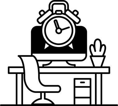 Üzerinde saat ve saksıda bitki olan bir bilgisayar masası.