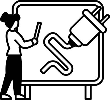 Bir kadın beyaz bir tahtaya kalemle bir çizgi çekiyor.