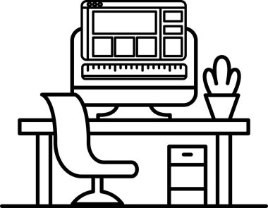 Bir bilgisayar monitörü bir sandalye ve saksı bitkisiyle bir masada oturur.