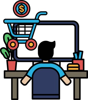 Masasında bilgisayar monitörü ve alışveriş arabasıyla bir adam oturuyor. Adam bilgisayar ekranına bakıyor, muhtemelen online alışveriş sitelerine bakıyor.