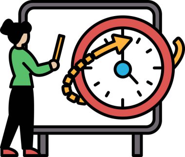 Üzerinde saat olan beyaz bir tahtanın önünde bir kadın duruyor. Saat kırmızı ve sağı gösteren mavi bir oku var. Kadın elinde bir kalem tutuyor ve tahtaya yazı yazıyor.