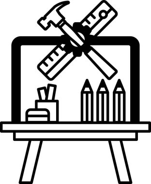 Üzerinde çekiç cetveli ve kalemler olan bir masa.