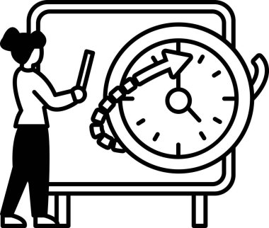 Üzerinde saat olan bir kadın beyaz bir tahtanın önünde duruyor.