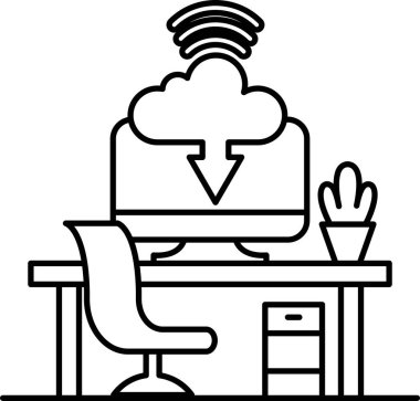 Üzerinde bulut simgesi olan bir bilgisayar monitörü sandalyeli bir masanın üzerinde.