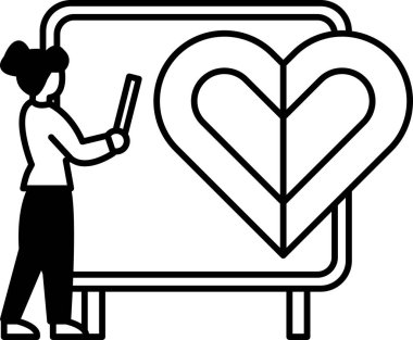 Bir kadın beyaz tahtaya kalp çiziyor.