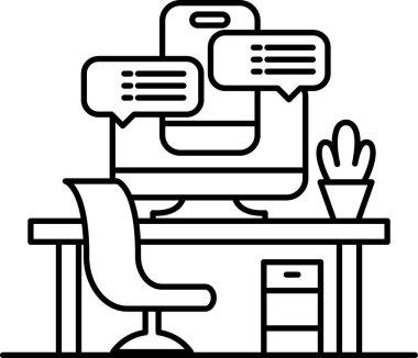 Bir bilgisayar monitörü bir sandalye ve saksı bitkisiyle bir masada oturur.