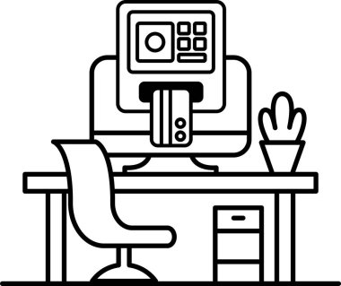 Bir bilgisayar monitörü bir sandalye ve saksı bitkisiyle bir masada oturur.