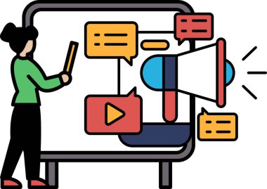 Bir kadın elinde mikrofon ve hoparlörle büyük bir ekranın önünde duruyor. Elinde bir tablet var ve bir proje üzerinde çalışıyor. Odaklanma ve üretkenlik kavramı