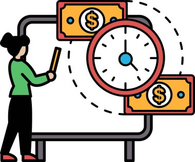 Bir kadın elinde bir saat ve biraz parayla beyaz bir tahtanın önünde duruyor. Saat 10: 00 'u gösteriyor. Kadın elinde bir kalem tutuyor ve tahtaya bir şeyler yazıyor.
