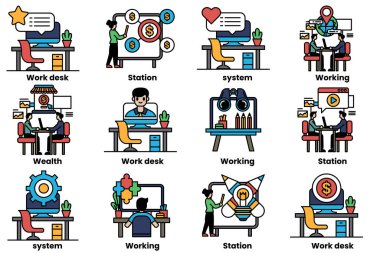 Ofis masaları ve iş aletleri kavramında bir dizi illüstrasyon