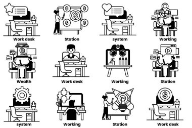 Ofis masaları ve iş aletleri kavramında bir dizi illüstrasyon