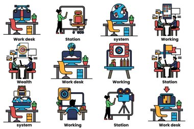 Ofis masaları ve iş aletleri kavramında bir dizi illüstrasyon