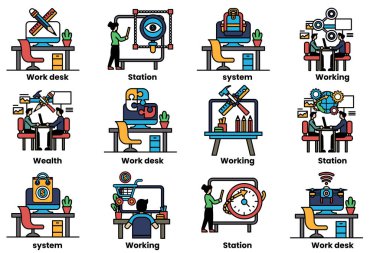 Ofis masaları ve iş aletleri kavramında bir dizi illüstrasyon
