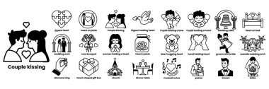 Düğünü öpen bir çiftin de dahil olduğu aşk temalı ikonlar koleksiyonu.