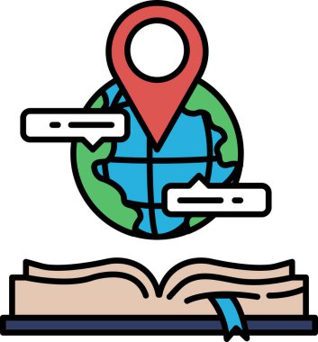 Üzerinde kırmızı nokta olan bir küre bir kitapla çevrilidir. Küre kitabın tepesinde ve kitap da açık. Dünya ve kitap birlikte dünyayı keşfetme fikrini temsil ediyor.