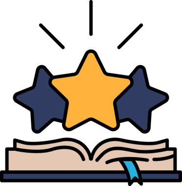 Üzerinde üç yıldız olan bir kitap. Yıldızlar sarı ve mavidir. Kitap açıldı.