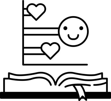 Gülümseyen yüzlü ve kapağında iki kalp olan bir kitap.