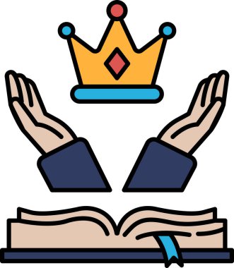 İki elin üzerinde açık bir kitap tutan bir taç var. Kraliyet ve bilgi kavramı