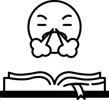 Önünde bir kitapla ağzından hava üfleyen karikatürsel bir yüz.