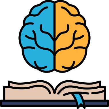 Bir beyin ve açık bir kitap yan yana gösterilir. Beyin mavi ve turuncu renktedir ve kitap mavi ve turuncu omurgalı bir sayfaya açıktır. Öğrenme ve bilgi kavramı
