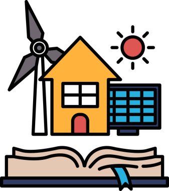 Bir kitabın sayfasında bir ev ve bir yel değirmeni gösterilir. Ev sarı ve yel değirmeni mavi.